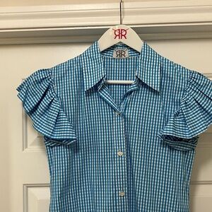 Blue Gingham Ruffle Sleeve Shirt Dress
